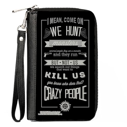 Buckle-Down Supernatural Wallet, Zip Around, Supernatural Dean CRAZY PEOPLE Quote/Winchester Pentagram Black/Grays, Vegan Leather