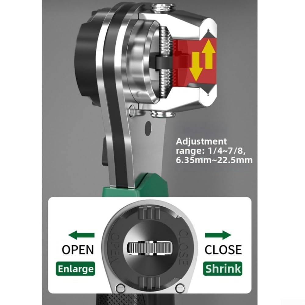 Llave de trinquete multifuncional 3 en 1 con engranaje de precisión de 60 dientes y mandíbula flexible de 6,35 mm a 22,5 mm para tareas mecánicas generales en acabado verde (C)