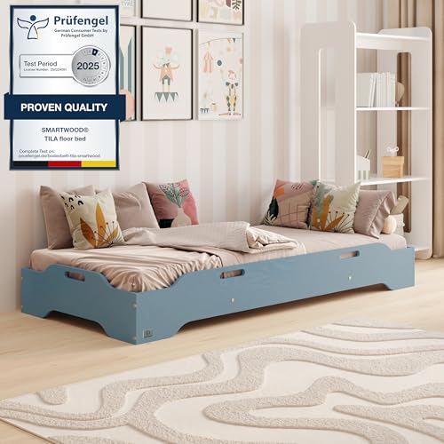 smartwood Cama Montessori 100x180 con Somier - Azul - Cama Infantil Apilable TILA 8 para Niño y Niña - Robusta y de Montaje Rápido - Carga Máxima 230 kg