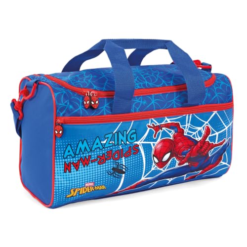 PERLETTI Bolsa Deporte Infantil Spiderman con Bandolera - Mochila Gimnasio para Niños Marvel Spider Man Azul y Rojo - Bolso Deportivo Niño con Hombre Araña Viaje Tiempo Libre - 40x24x20 (Azul y Rojo)
