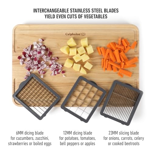 Image of Calphalon Vegetable Chopper With Container, 3 Blades with1 Chopper and1 Mandoline, 5-in-1 Food Chopper with Stainless Steel Blades & Mandoline Slicer, Multi-Functional Dicer with Storage Container