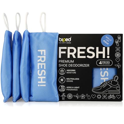 biped FRESH! desodorante premium para calzado – cojín aromático con carbón de bambú activo – elimina olores y sudor de zapatillas, zapatos deportivos y mochilas z2925(AQUA, 4 pieces)
