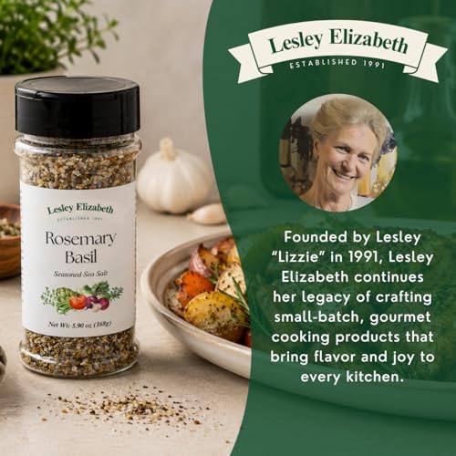 Image of Lesley Elizabeth Rosemary & Basil Seasoned Sea Salt Seasoning - Aromatic Herb & Sea Salt Blend - 8.4 oz (250 ml) PET Shaker Bottle for Poultry, Vegetables & Marinades