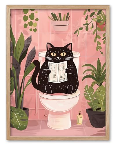UPWOIGH Funny Black Cat Bathroom Beige Oak Wood Framed Wall Art, 12 x 16 in