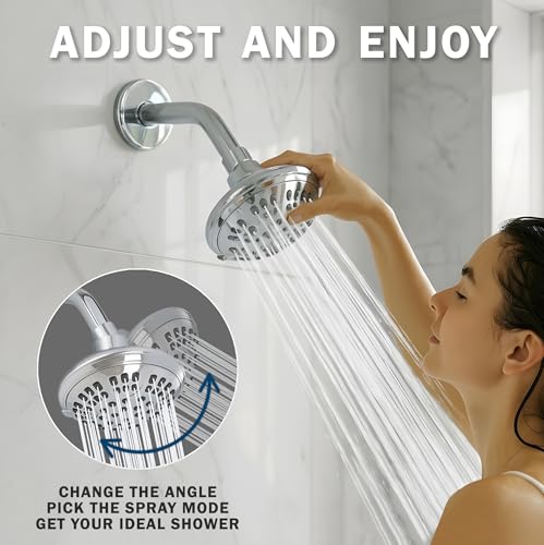 6 Function Adjustable Luxury Shower Head - High Pressure Boosting, Wall Mount, Bathroom Showerhead For Low Flow Showers, 2.5 GPM - Chrome - Thumbnail 3