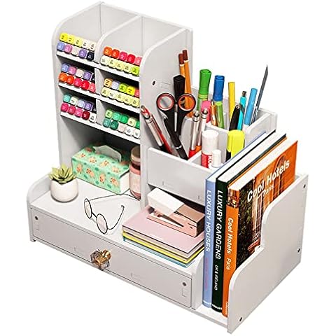 NUODWELL Desktop Stationary Organiser with Drawer, DIY White Pencil Holder Desk Tidy Caddy Art Supply Organizer for Home, Office and School Cover