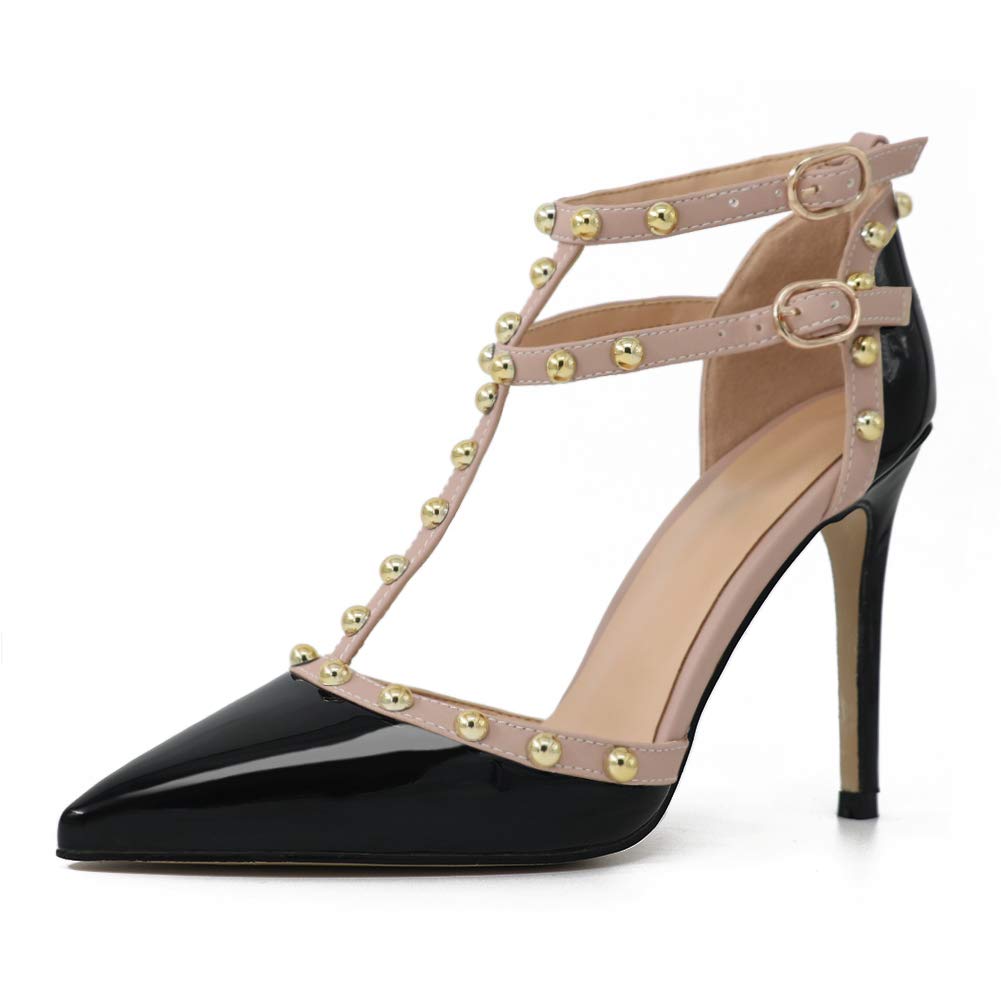 Comfity Ankle Strap Heels for Women Golden Round Rivets Ankle T-Strap Pumps Strappy Dress Wedding Sandals