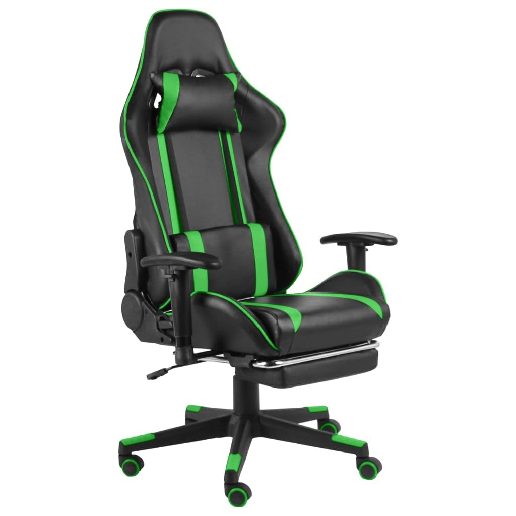 Silla de gaming con reposapiés y ruedas, ergonómica, ajustable, con cojín cervical y lumbar, giratorio para oficina, oficina en casa, jugar, PC, juegos y habitación juvenil en color verde PVC