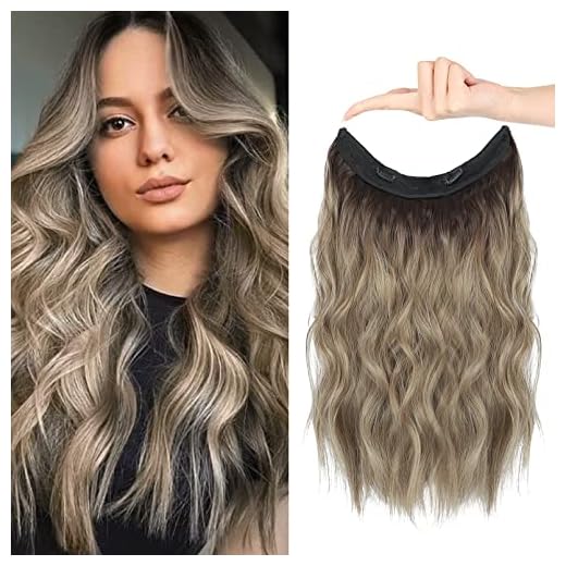 HOOJIH Wire Hair Extensions with 2 Removable Clips 20 Inch Wavy Curly Ombre wire Hair Invisiable Transparent Wire Extensions Hairpieces for Women - Ombre Dirty Blonde