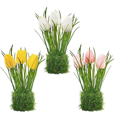 Homcomodar 3 paquetes de tulipanes artificiales con musgo artificial en maceta, para balcón, mesa, fiesta, oficina, alféizar de ventana, sala de estar (blanco, rosa y amarillo)