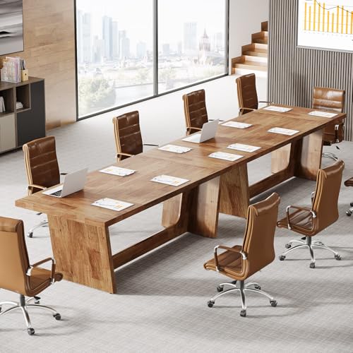 Tribesigns 12FT Conference Table, Modern Meeting Seminar Table for 12-14 Person, Rectangular Solid Executive Business Furniture Boardroom Desk for Office (Set of 2, Light Brown)