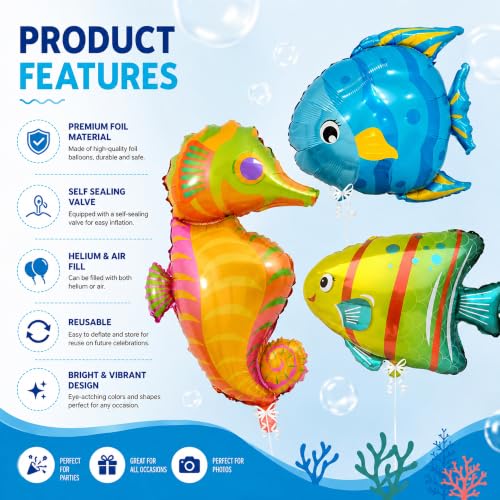 Image of 3 Pcs Ocean Theme Foil Balloon Set for Birthday Party Decoration | Seahorse, Tropical Fish & Blue Fish Shape Helium Balloons | Under the Sea Mermaid Theme Kids Birthday