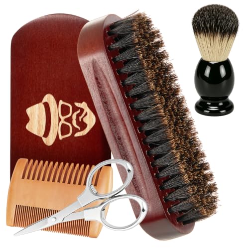 Image of Beard Brush, Shaving Brush, Beard Comb, Beard Scissors Set | Beard Brush Set with 100% Boar Bristle Walnut Wood Beard Brush, Shaving Brush & Foldable Scissors, Gift for Men