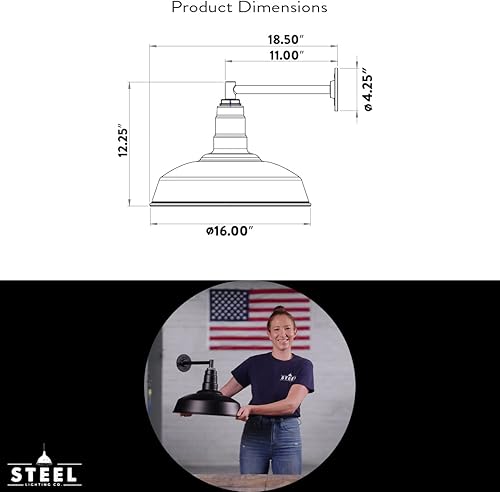Miniatura 2 de Steel Lighting Co. Gardena - Luz de granero Montaje en pared al aire libre Domo de 16 pulgadas Brazo recto de 11 pulgadas Luz de granja Negro