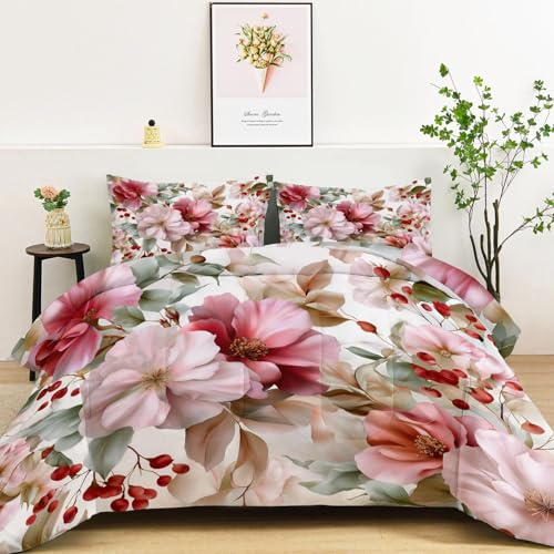 Bettdecke ohne Bezug 220x240cm, 4 Jahreszeiten Retro Pflanzen Blumen Beeren Steppdecke mit 2 Kissenbezug 80x80cm - Warme Weiche Atmungsaktive Schlafdecke Waschbar Ganzjahresdecke - Rosa