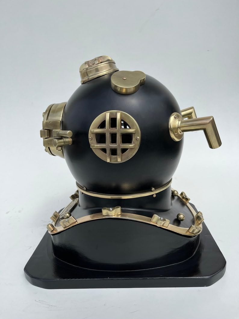 Nautical Black Diving Helmet U.S Navy Mark V Scuba Divers Helmet Diving Helmet Deep Sea Helmet with Wooden Base Decorative Best Gift