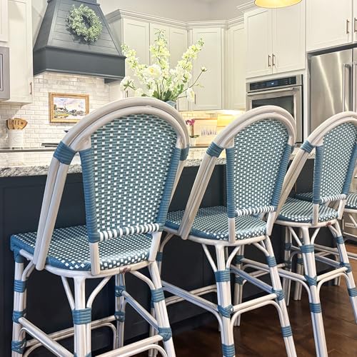 Image of PURPLE LEAF French Bar Stool Set of 4 White Print Finish Patio Bar Stools with Back Rattan Bar Chairs Wicker Bar Height Stool 30 inch with Footrest Kitchen Island Stools Outdoor Barstool Light Blue