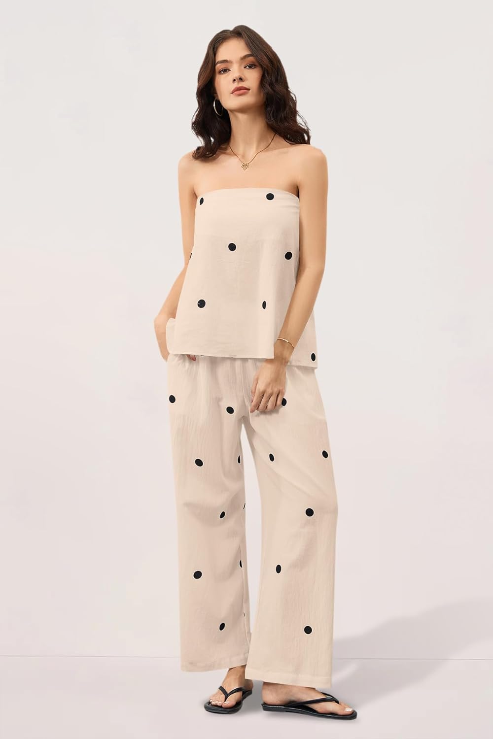 Women 2 Piece Outfits Polka Dot Summer Pants Set Strapless Tube Top High Elastic Waist Wide Leg Pants Lounge Sets - Image 3