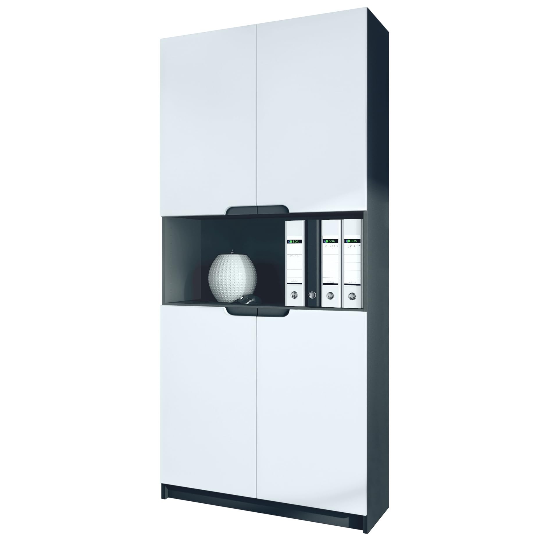 Vladon Logan V2, mobile per ufficio, schedario con 5 scomparti e 4 ante, nero opaco/bianco opaco (82 x 184 x 37 cm)