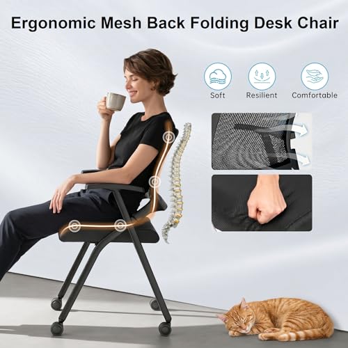 Image of [4 Pack] Folding Office Chair on Wheels, Heavy Duty Conference Chair | Nesting Training Chairs, Breathable Mesh Back, Lumbar Support, Padded Seat, Classroom, Guest Reception, WFH, Meeting Seating