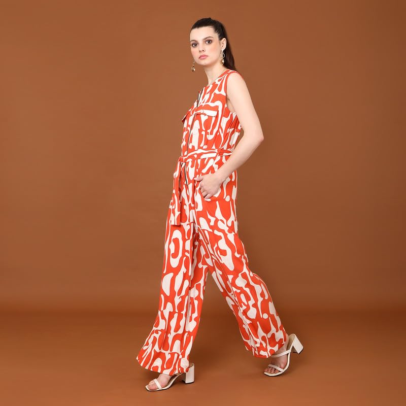 Image of TAMISKA BY NARENDRA KUMAR Jumpsuit for Women, Stylish Designer Jumpsuit for Ladies, Bold and Trendy Swirl Print,Edgy Zipper Detailing,Summery Sleevess Fit