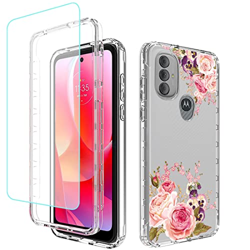 Coque Moto G Power 2022 XT2165DL avec protection d'écran en verre trempé fleur rose