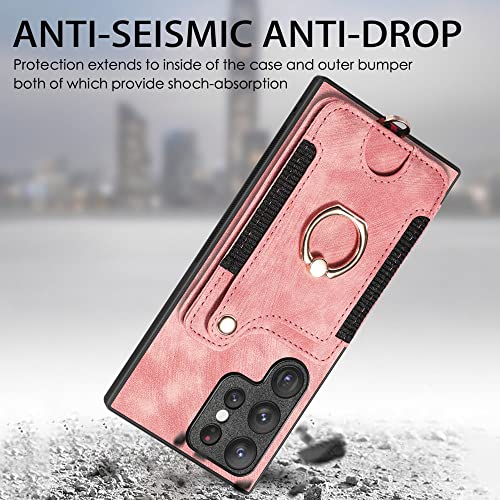 Funda con soporte de anillo para Samsung S20 Plus anticaídas con tarjetero de cuero rosa 6