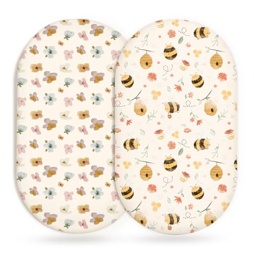Image of Bassinet Sheets for Baby Girls Boys 2 Pack, Fitted Baby Mattress Sheet for Rectangle, Oval, Hourglass Bassinet Mattress, Breathable Cozy & Universal Fit (Bee Happy, Bassinet Sheet)