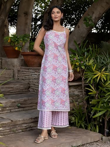 Image of Yashika Women's Cotton Blend Trendy Regular Fit Solid Printed Kurti with Stright Bottom |Kurti Set for Women