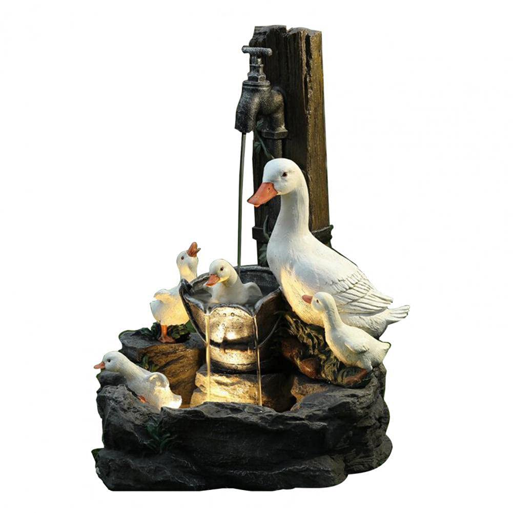 ZJJ Animal Family Garden Statue with Solar Light Squirrel and Duck Pressure Water Feature Fountain Decor Outdoor Resin Craft Ornaments for Home Yard Lawn,Duck