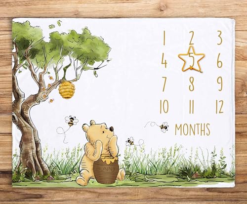 Image of Classic Winnie Monthly Milestone Blanket, Soft Silk Touch Photo Background, Newborn Growth Mat Backdrop - with a Star Marker