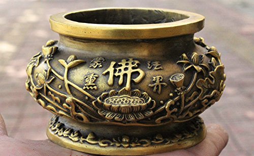 4" Chinese Palace Pure Bronze Lotus Fu Statue Incense Burner Censer Tank Jar Pot