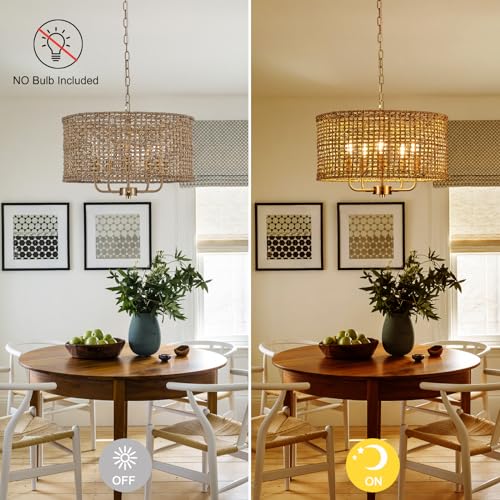 Image of 19.7 inch Gold Rattan Chandelier, 5-Light Boho Wicker Light Fixture | Hand-Woven Rattan Pendant Light; Adjustable Chain; Farmhouse Basket Drum Chandeliers for Dining Room, Kitchen Island, Bedroom
