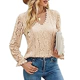 Design élégant : chemises à manches longues pour femme avec col en V, motif en dentelle creuse, un bouton à l'encolure arrière, manches longues en dentelle et bordure en dentelle au crochet pour ajouter de l'élégance à ce haut d'automne.