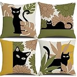 Matériel: Les housses de coussin sont en Polyester de haute qualité, doux, sont durables et respirants, penchés ou assis sont agréables. Meilleur cadeau pour votre famille et vos amis. Le motif de Chat Noir & fleurs & Feuilles imprimé est clair, vif et durable en raison de notre technologie d'impression avancée.
