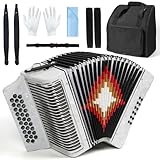 Horse 31 Key Accordion,12 Bass 3-Row Diatonic Accordions Instruments for Adults with Gloves, Suitcase and Straps, Button Acordeón Acordeones Para Adultos for Beginners (White FBE with Metal Cover)