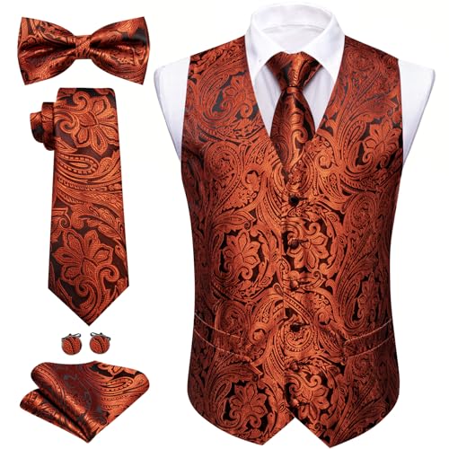 Image of Barry.Wang Men's Suit Vest Tie Bowtie Set Formal Silk Paisley Waistcoat Hanky Cufflinks Lapel Pin Set Wedding Party 7PCS