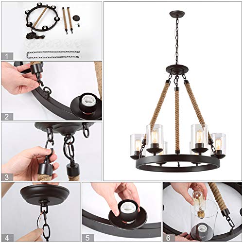 LNC Farmhouse Chandelier, Round Wagon Wheel 6-Light Fixture with Clear Glass Shades for Dining Room, Living Room, Bedroom, Kitchen Island and Foyer - Image 7