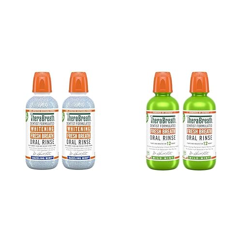 TheraBreath Enjuague bucal blanqueador, menta deslumbrante, formulado por dentistas, 16 onzas líquidas y enjuague bucal fresco para respiración,