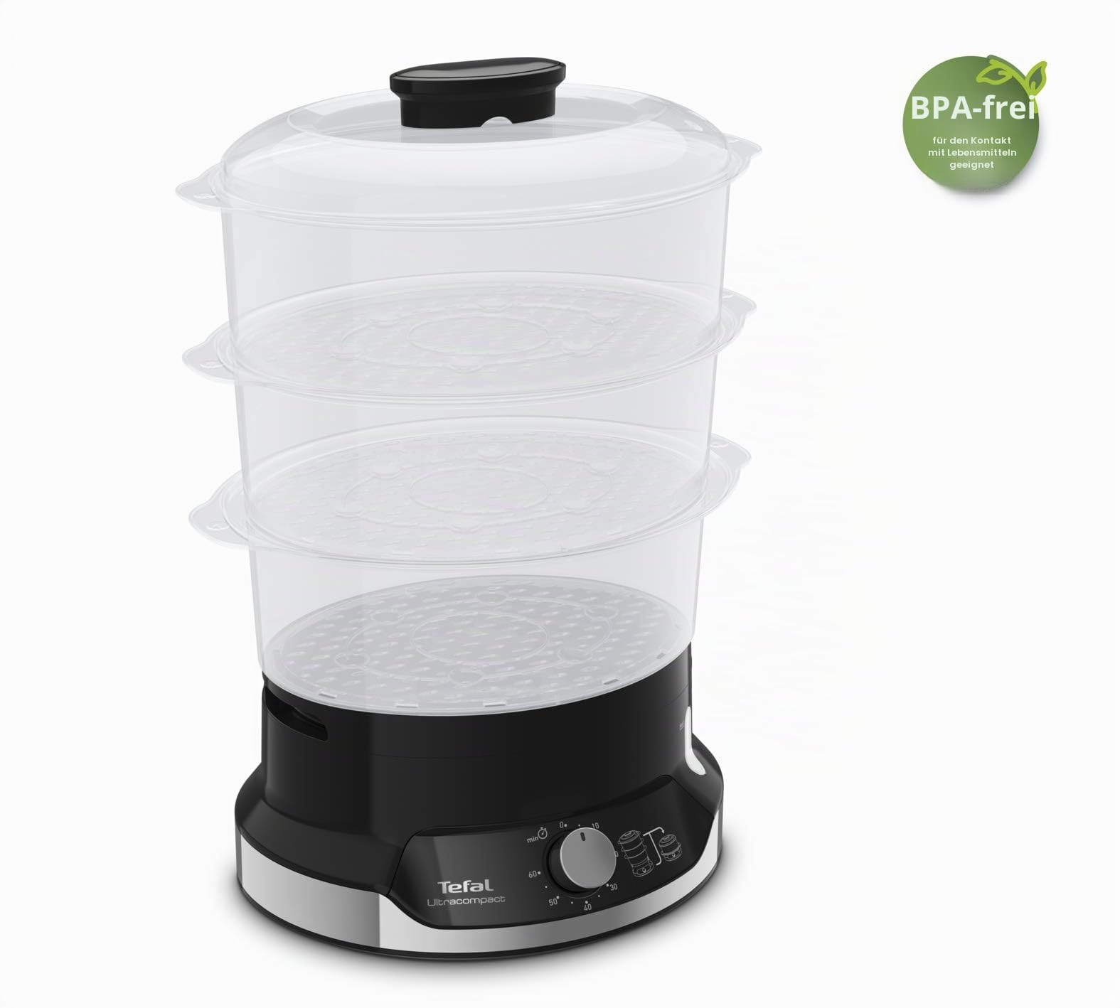 Tefal Ultracompact Dampfgarer, Stapelbares Aufbewahrungssystem, Gesundes Kochen, 3 Aufsätze, 60-Minuten-Timer, Auffüllen Beim Garen, 9-L-Kapazität, Inkl. Reis-Einsatz, 800 W, VC2048