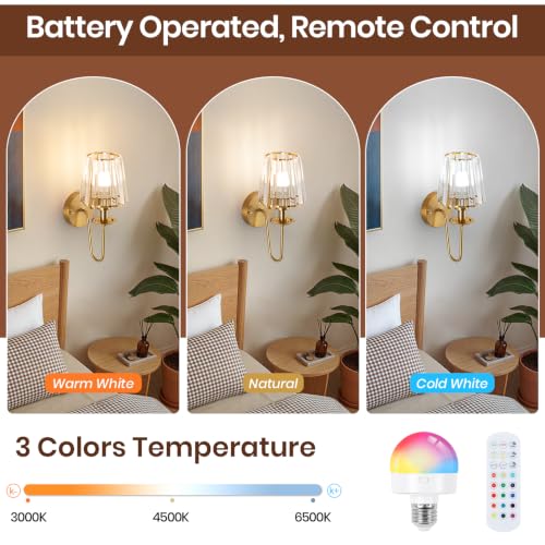 Image of EIDISUNY Battery Operated Wall Sconces Set of 2, Wireless Crystal Wall Sconces with RGB Dimmable Bulbs, Rechargeable Wall Sconce with Remote for Bedroom, Living Room(Gold)