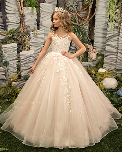Girl's Pageant Dress Long Tulle Flower Girl Dresses Sleeveless Appliques Kids Ball Gown Prom for Wedding Party3