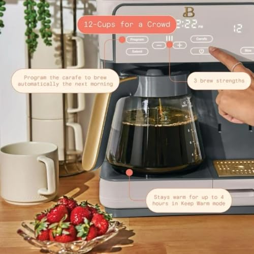 Image of Beautiful by Drew Barrymore Multi-Brew Coffee Maker, 12-Cup Carafe + Single-Serve, Pods or Grounds, Over Ice, Touch Display. (Porcini Taupe) 1 pack