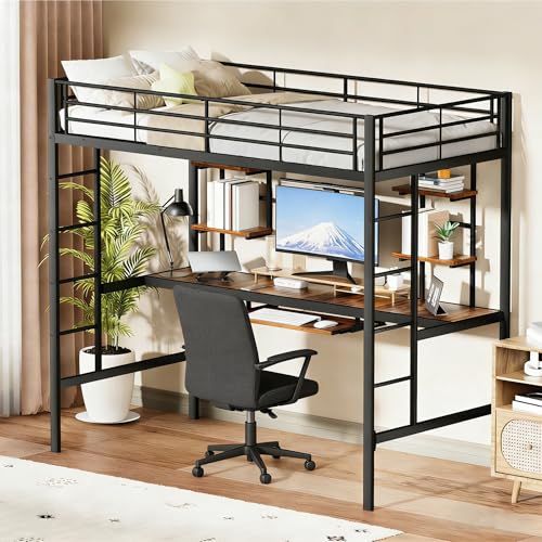 XPSSJMU Cama Alta con Escritorio, Cama Alta 90x200 cm, litera Escritorio con Barandillas de Seguridad y Escalera para JóVenes y Adultos, Negro