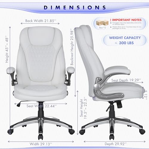 Image of COLAMY High Back Executive Office Chairs Set of 2, Ergonomic PU Leather Desk Chairs with Flip-Up Armrests, Adjustable Height, Lumbar Support, Comfortable Computer Chairs for Home Office, White