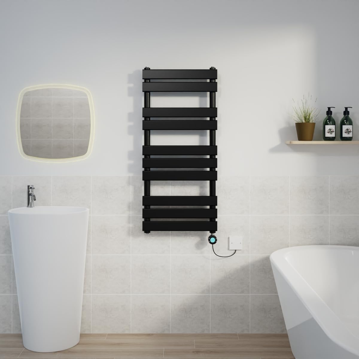Warmehaus 1000x450mm Black Designer Flat Panel Electric Heated Towel Rail Thermostatic Timer Bathroom Towel Radiator 600W