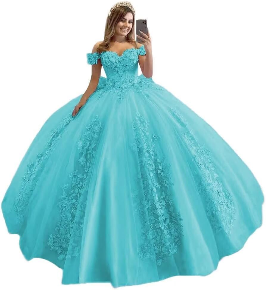 Women's Off Shoulder Quinceanera Dresses Lace Applique Puffy Tulle Ball Gown Beaded Prom Dresses for Sweet 15 16