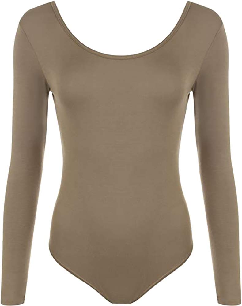 STAR FASHIONWomens Long Sleeve Crew Neck Bodysuit Leotard Ladies Round Deep Neck Body Suits Stretchy UK Size 8 to 14