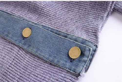 Image of Womens Sweaters Patchwork Denim Sweater Cardigan Long Sleeve Chunky Knit Cardigans Fall Cardigan