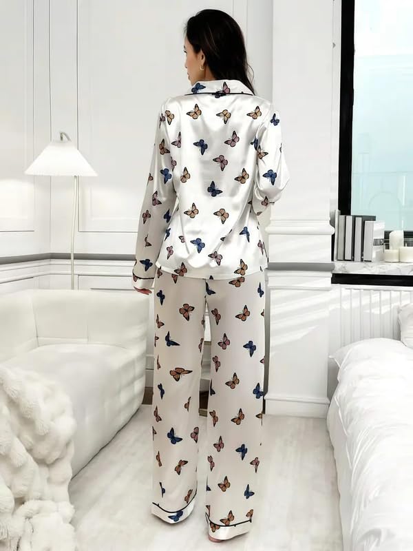 Image of Night Suit for Women with Full Sleeve Button-Down Top with Pant Dress for Woman, Cotton Night Dress for Woman, Two-Piece Loungewear Set